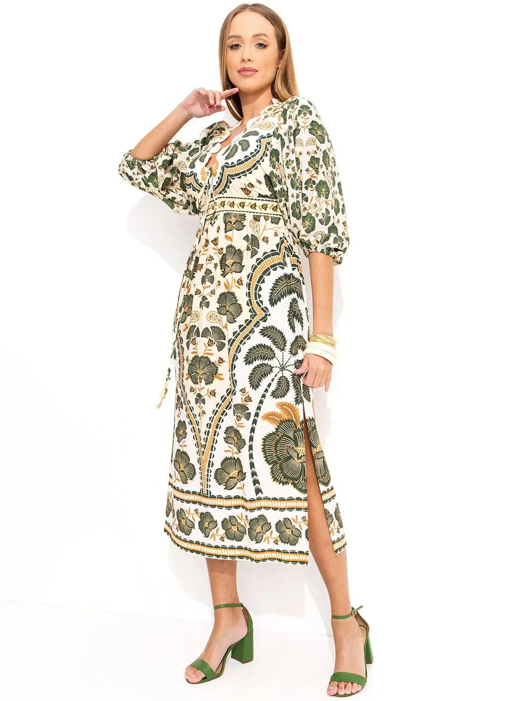 Farm - Vestido Midi com Manga em Viscose Verde
