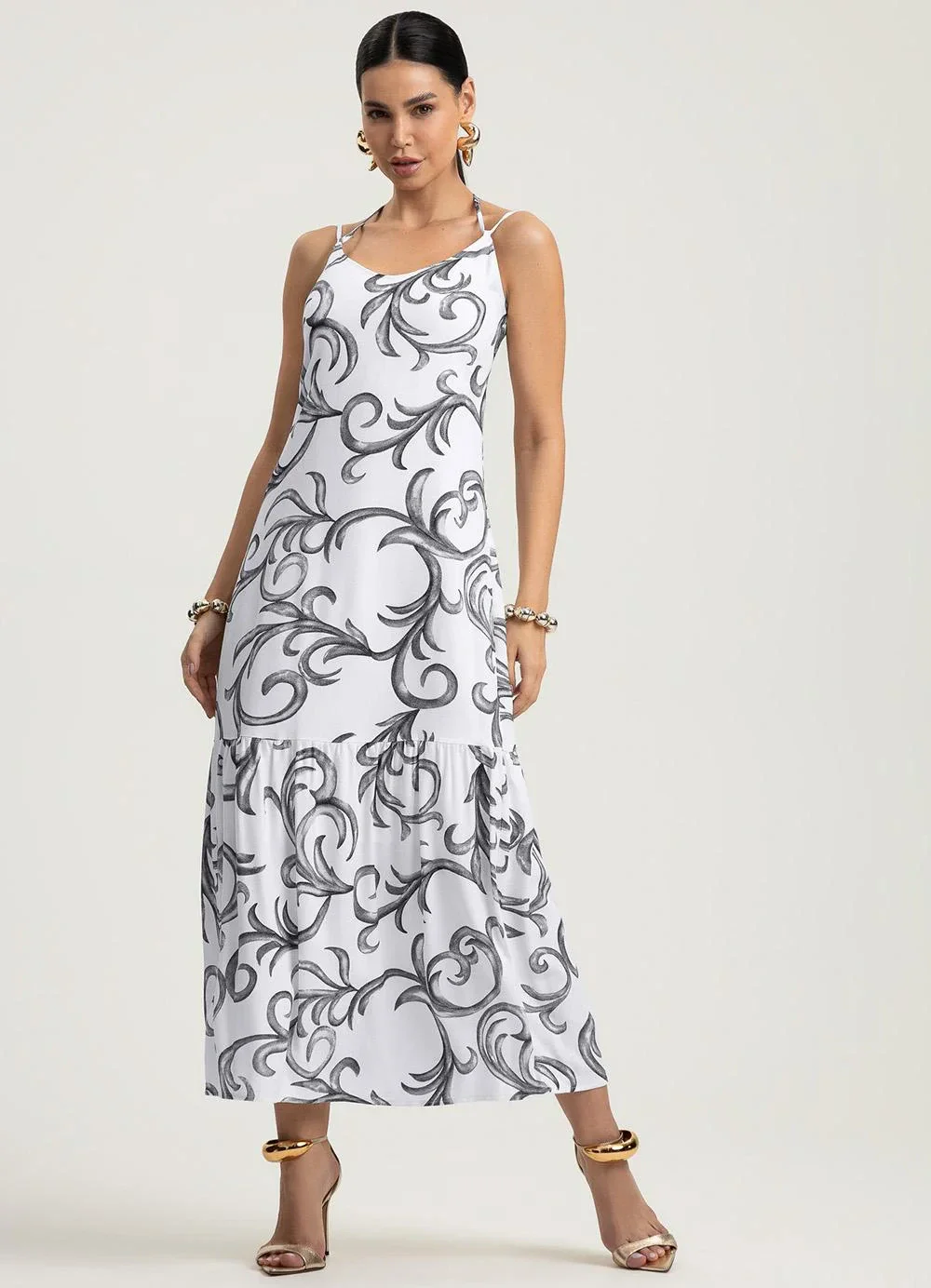 Gris - Vestido em Viscose Estampado Preto