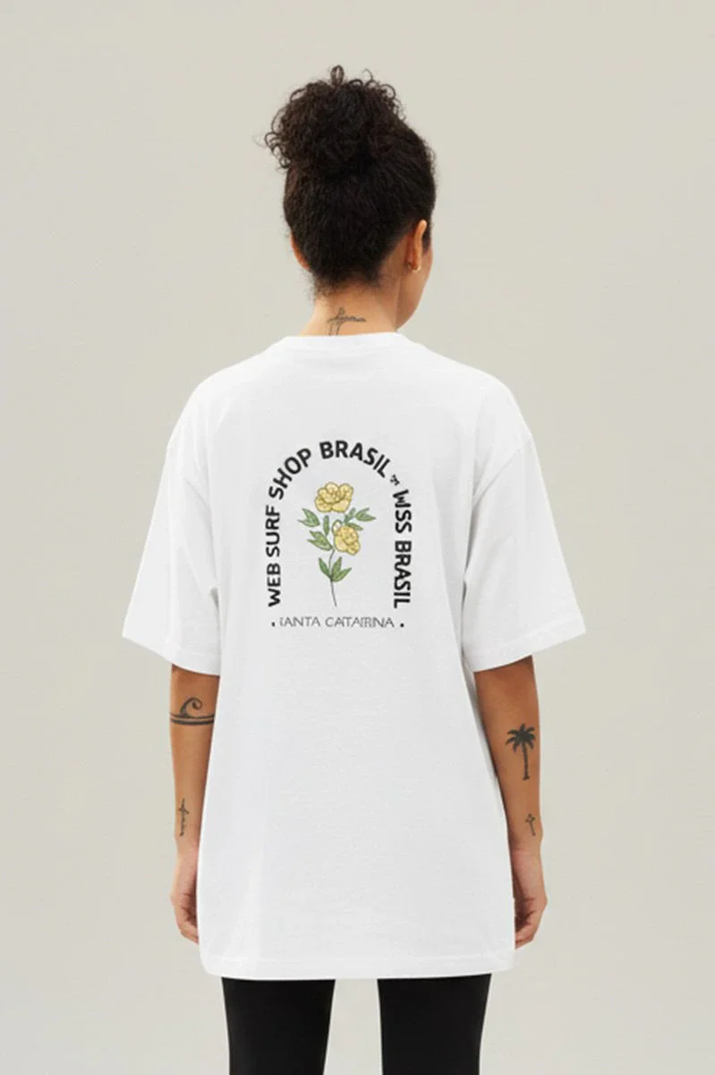 Camiseta Oversized Feminina Branca Algodão Prime WSS Yellow Bloom