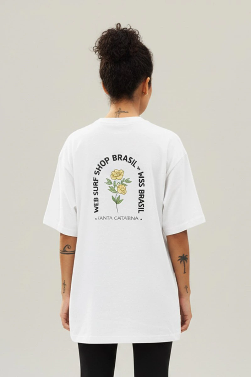 Camiseta Oversized Feminina Branca Algodão Prime WSS Yellow Bloom