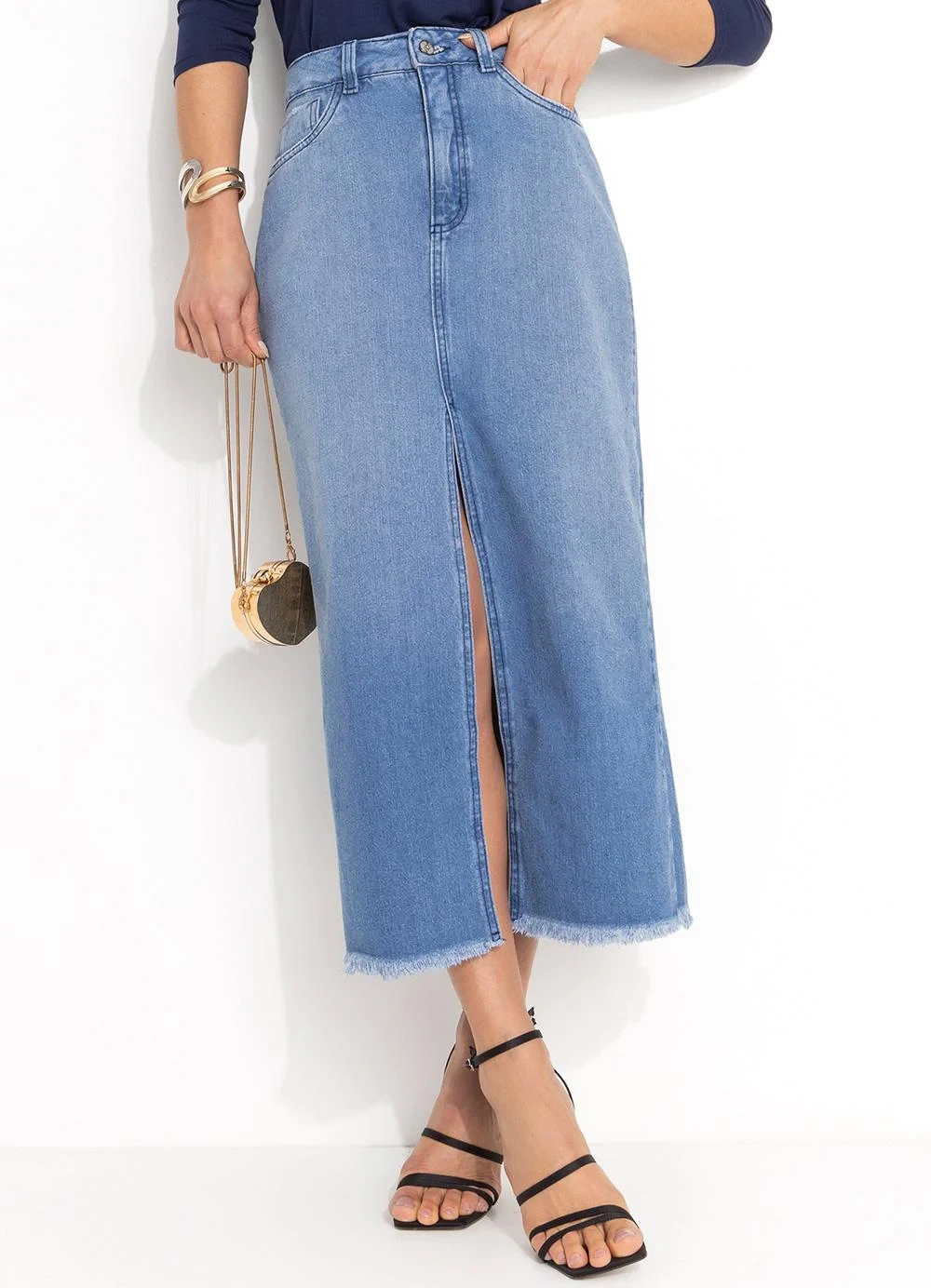 Quintess - Saia Jeans com Bolsos e Fenda