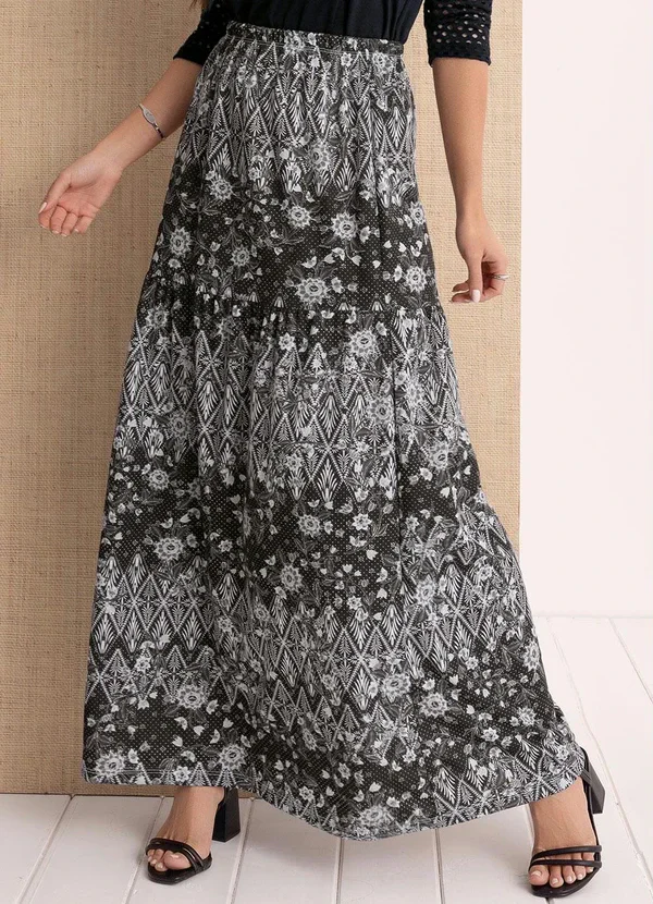 Moda Pop - Saia Longa com Recortes Estampada
