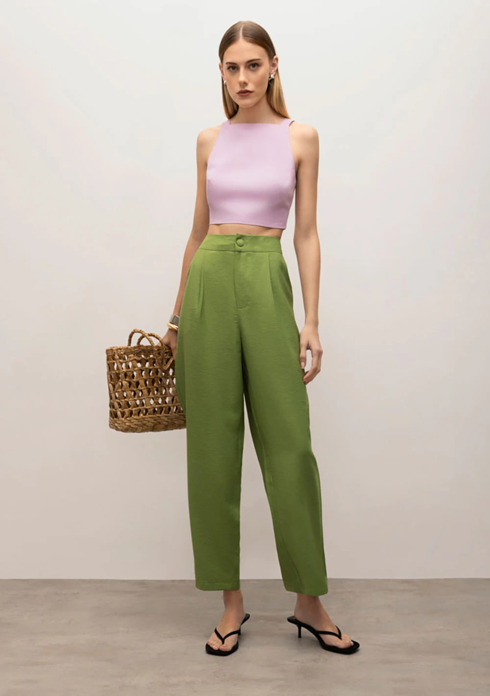 Calça Iódice Cenoura Cós Alto Bolso Faca Verde