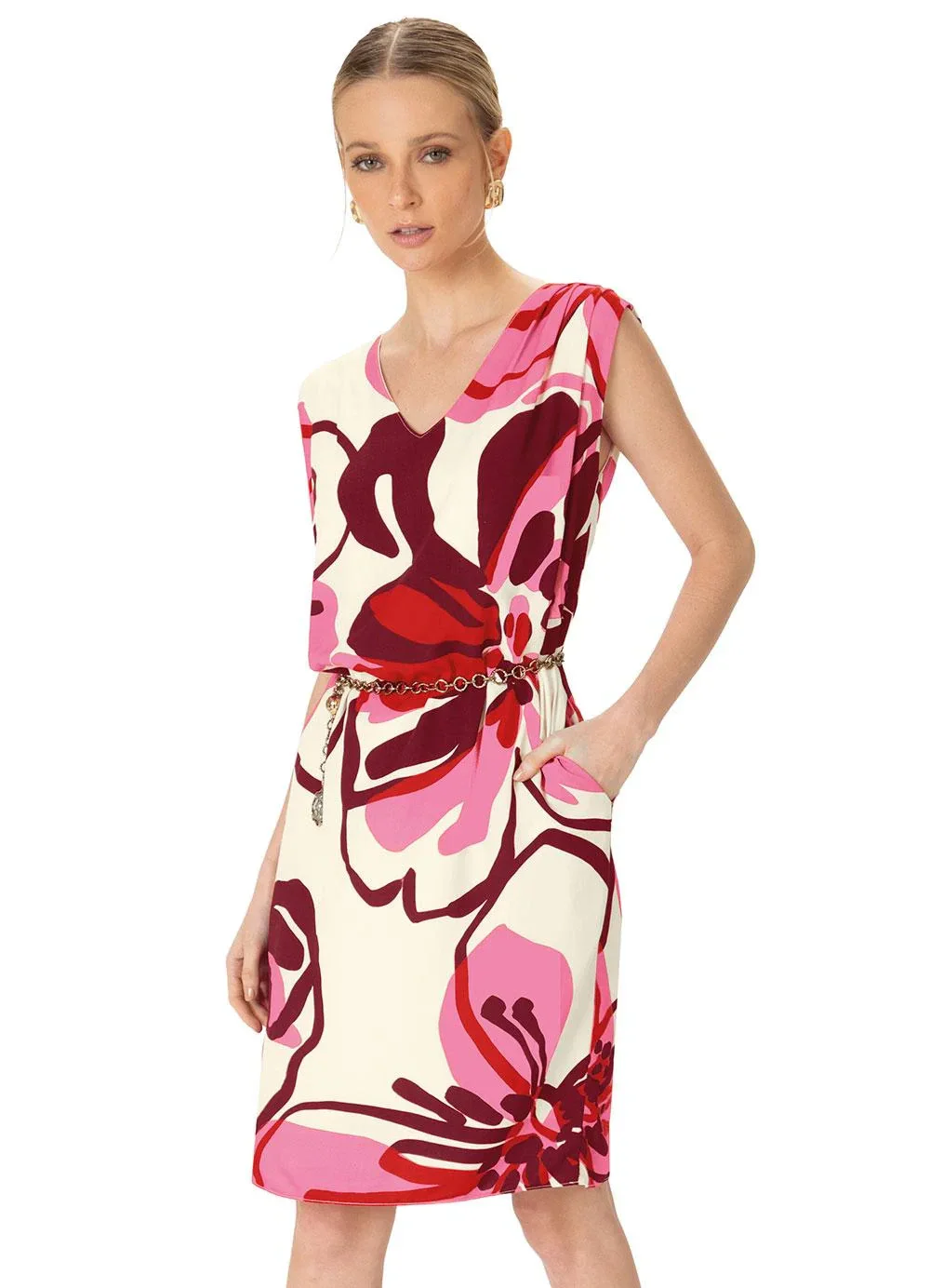 Enfim - Vestido Floral Curto Evasê Rosa