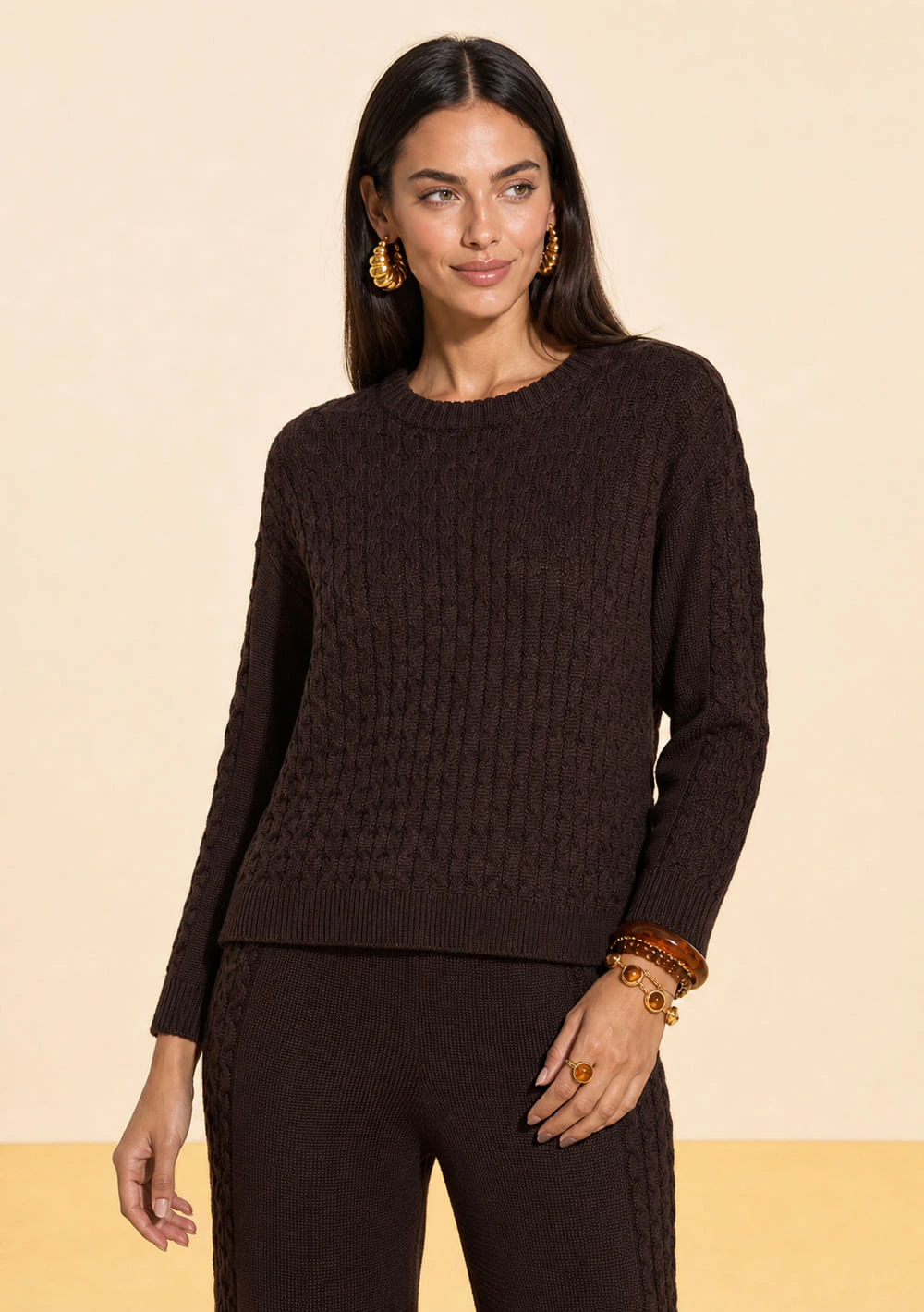 Blusa Zinco Solta Decote Careca Manga Longa Padrão Marrom