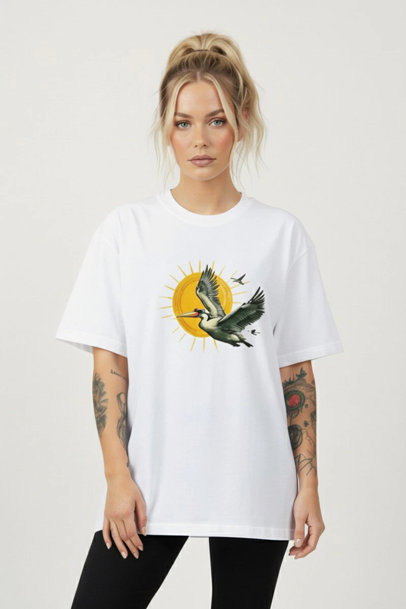 Camiseta Oversized Feminina Branca Algodão Prime Sunny Pelican WSS