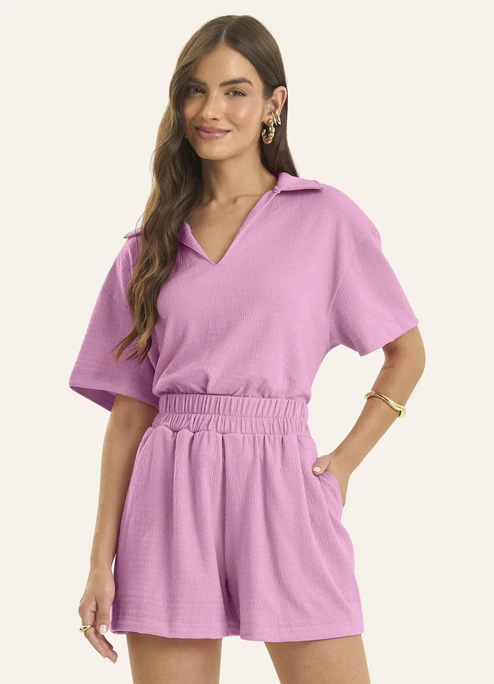 Rovitex - Conjunto Polo com Shorts Feminino Rosa