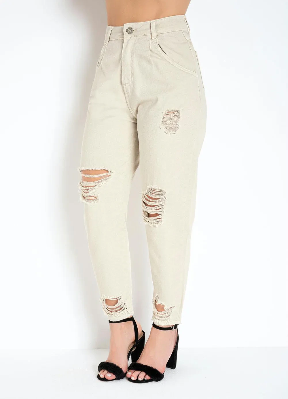 Sawary Jeans - Calça Bege Slouchy com Bolsos Sawary