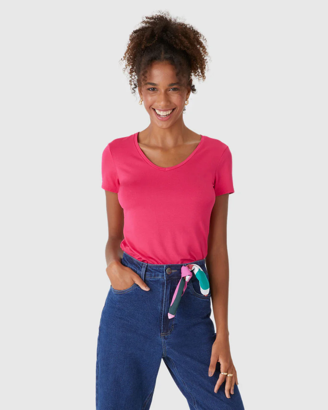 Blusa Básica Feminina Decote V Em Viscose Stretch