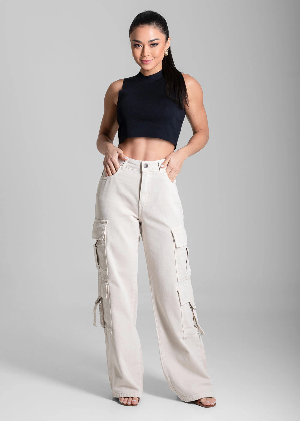 Calça Sarja Sawary Wide Leg Cargo - 280482 BEGE