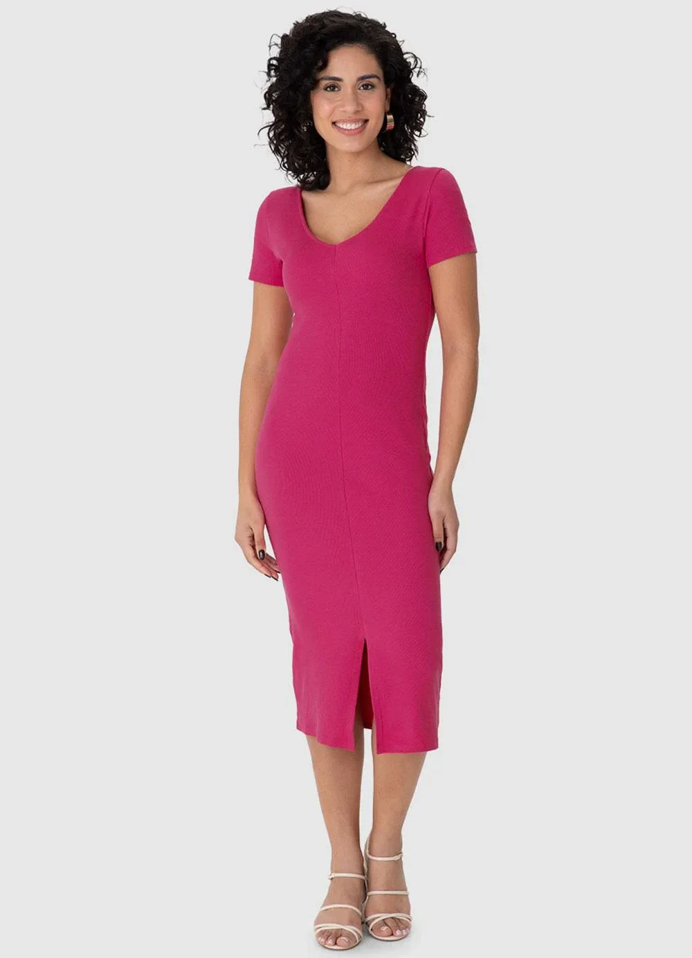 Malwee - Vestido Mídi Justo Acinturado Canelado Rosa