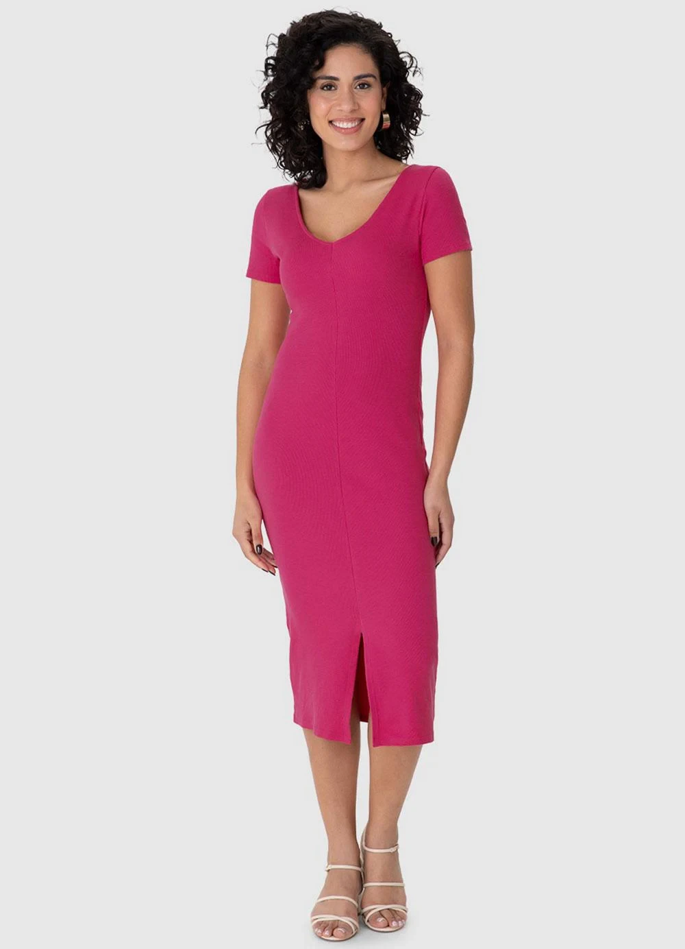 Malwee - Vestido Mídi Justo Acinturado Canelado Rosa