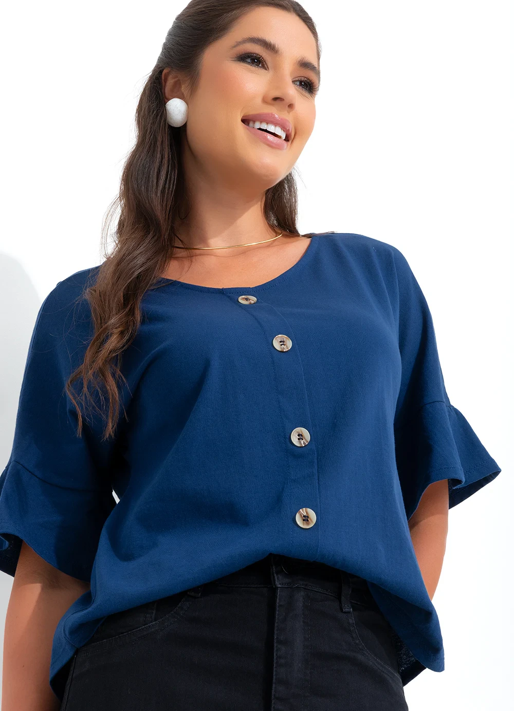 bonprix - Blusa Manga com Babado Azul Marinho
