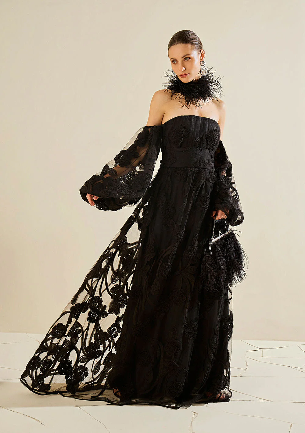 Vestido Solto Decote Reto Manga Longa Longo Preto