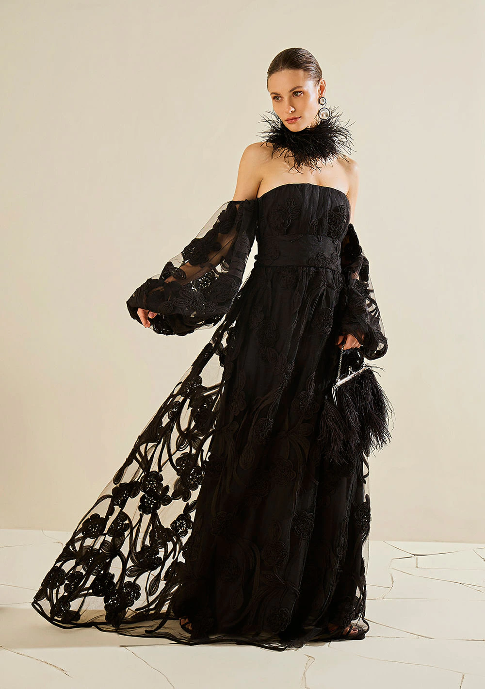 Vestido Solto Decote Reto Manga Longa Longo Preto