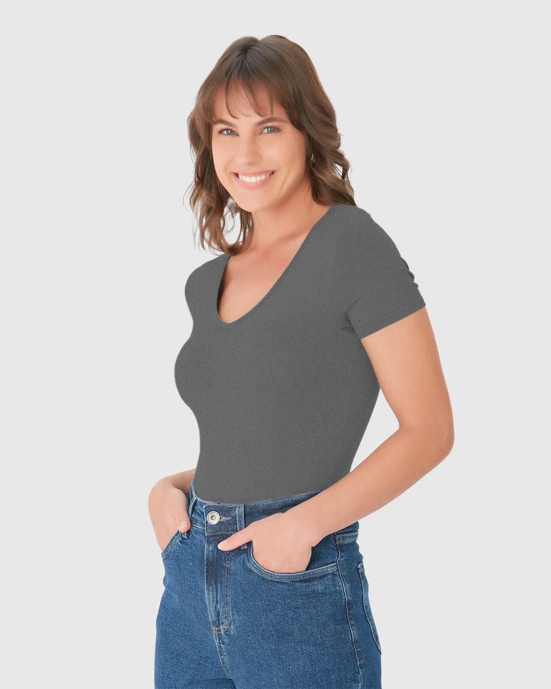 Blusa Básica Feminina Decote V Em Viscose Stretch