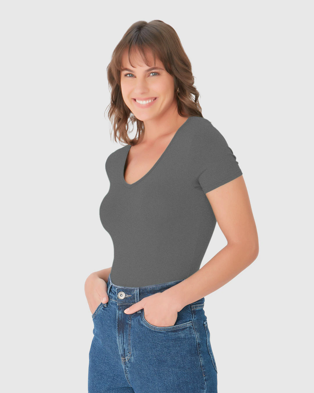 Blusa Básica Feminina Decote V Em Viscose Stretch
