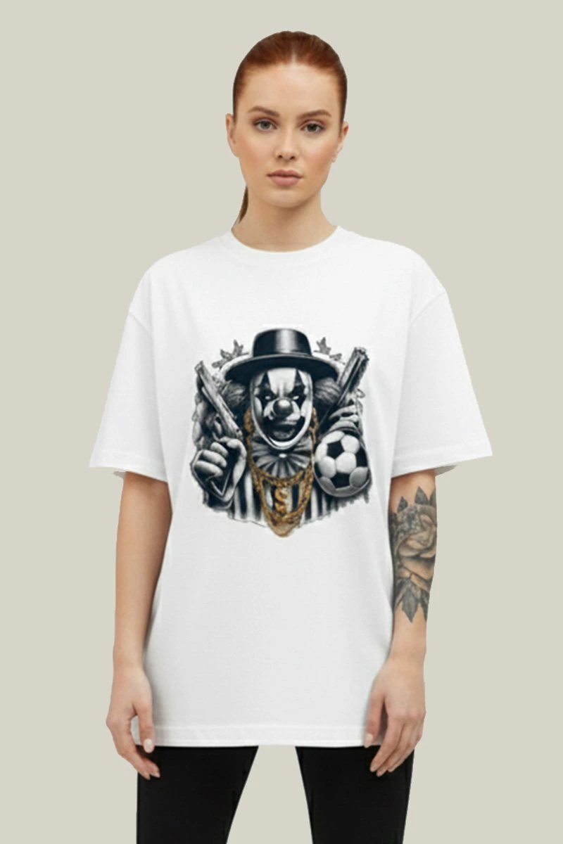 Camiseta Oversized Feminina Branca Algodão Prime WSS Clown Of Chaos Branco