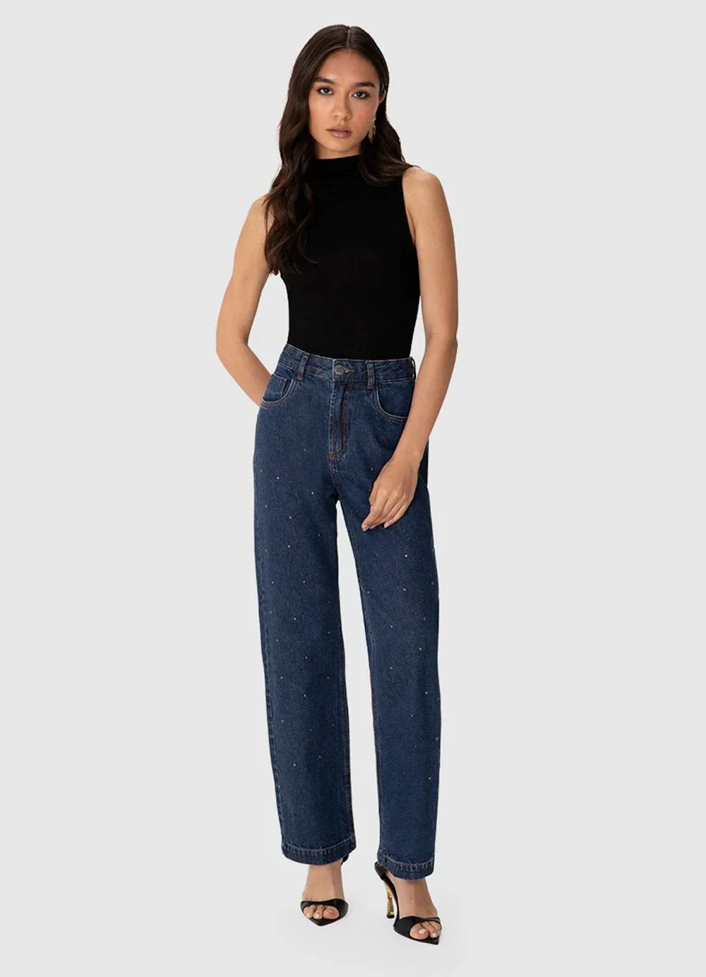 Enfim - Calça Reta Jeans com Tachas Azul Escuro