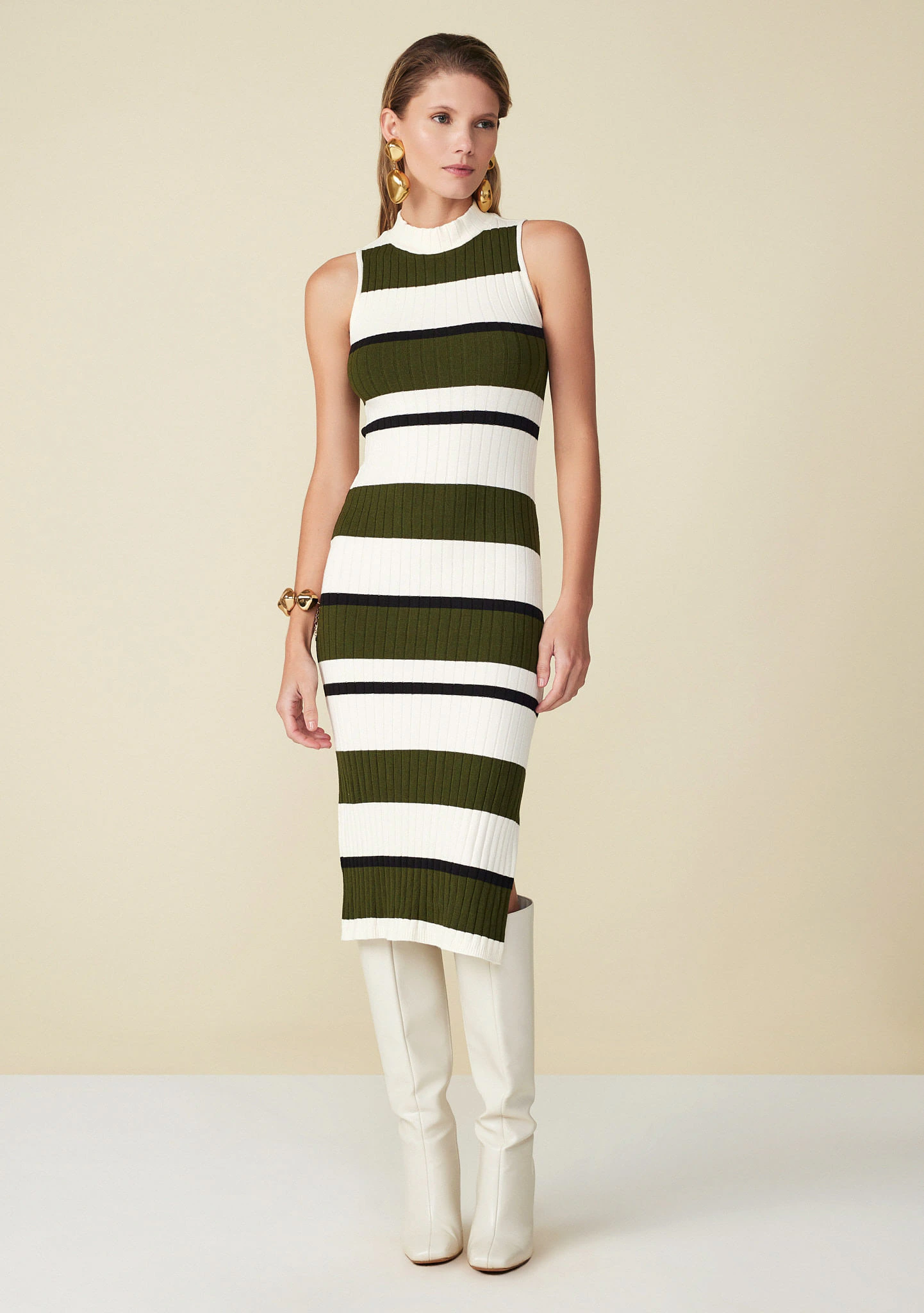 Vestido Maria.Valentina Midi Decote Redondo Tricot Bege