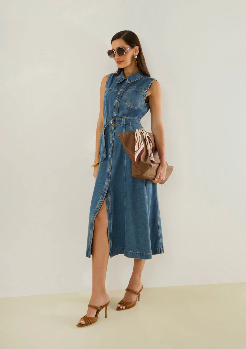 Vestido Maria.Valentina Ajustado Gola Clássica Sem Manga Midi Azul