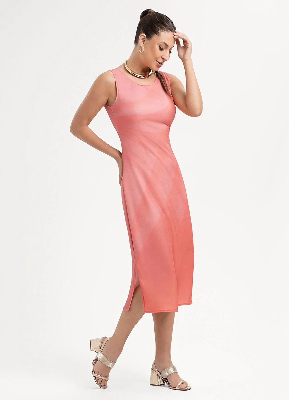 Habana - Vestido Midi em Tecido Leve Sarjado Rosa