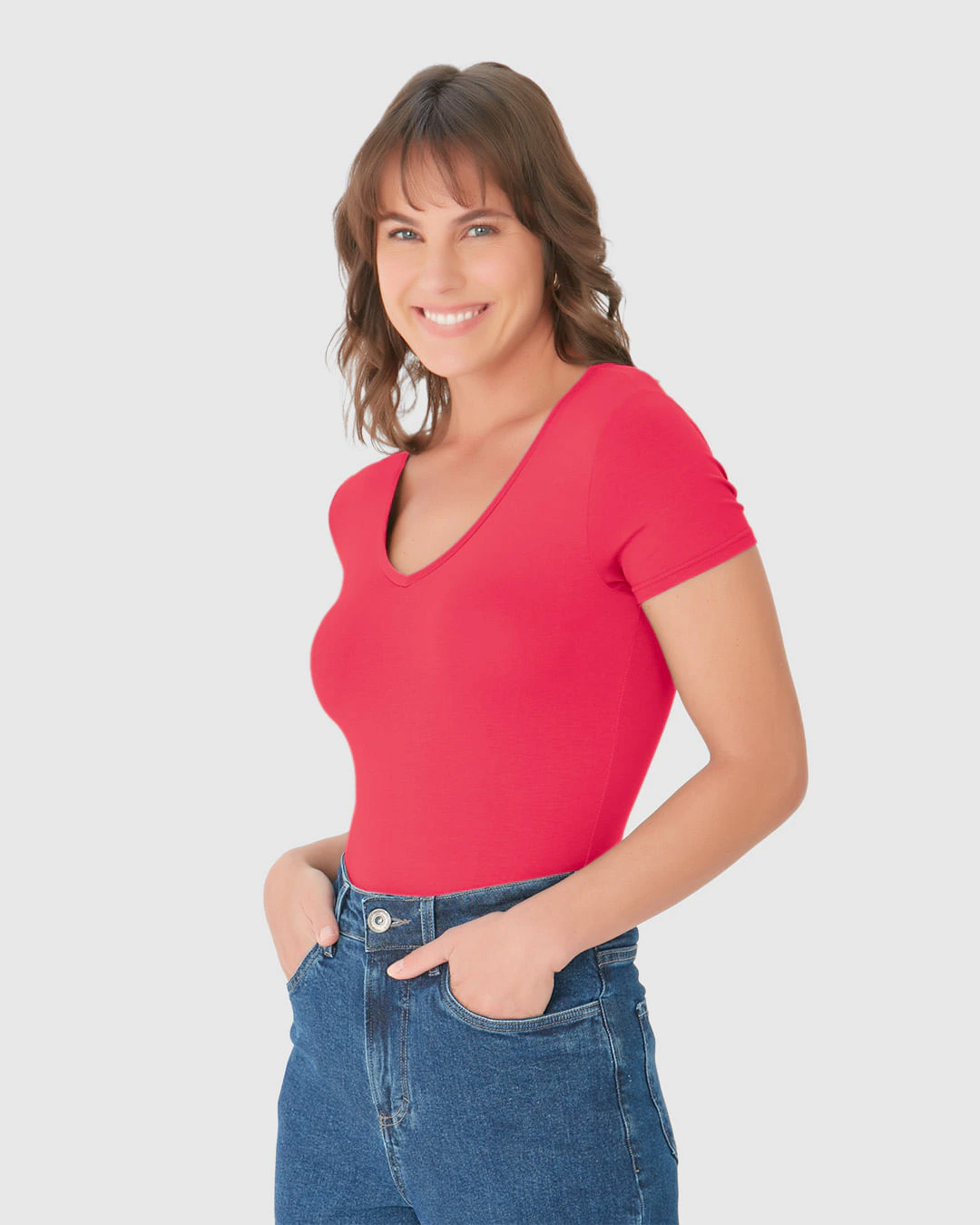 Blusa Básica Feminina Decote V Em Viscose Stretch
