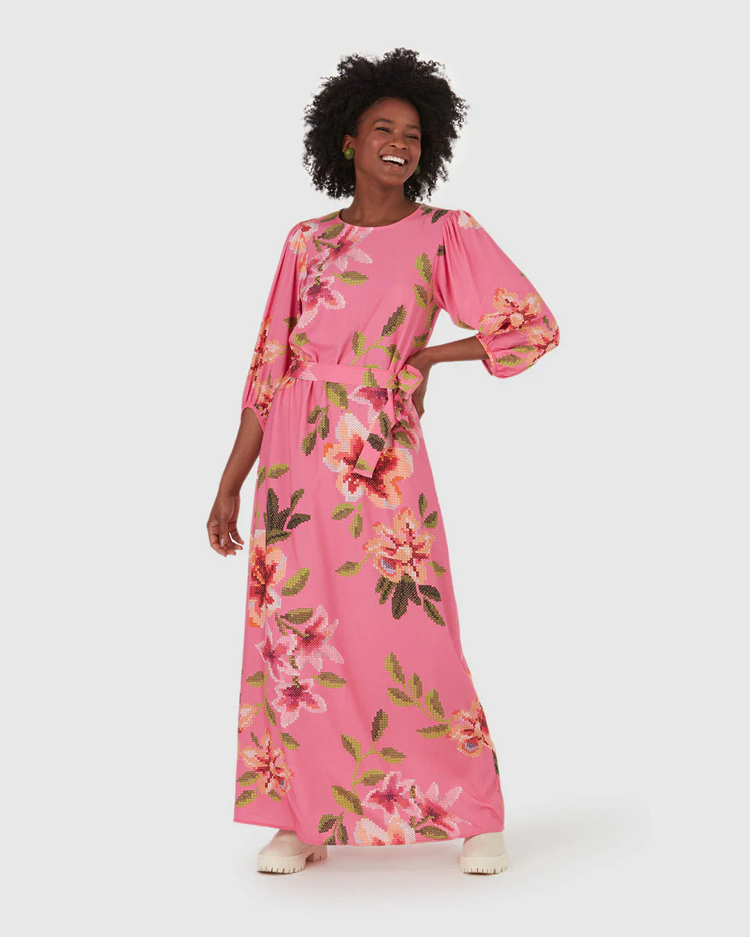 Vestido Longo Feminino Floral Com Faixa Em Viscose