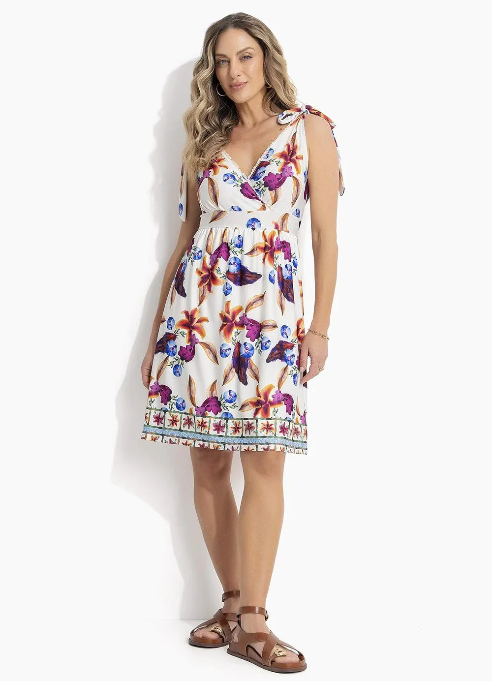 Quintess - Vestido Barrado Floral em Malha Fria