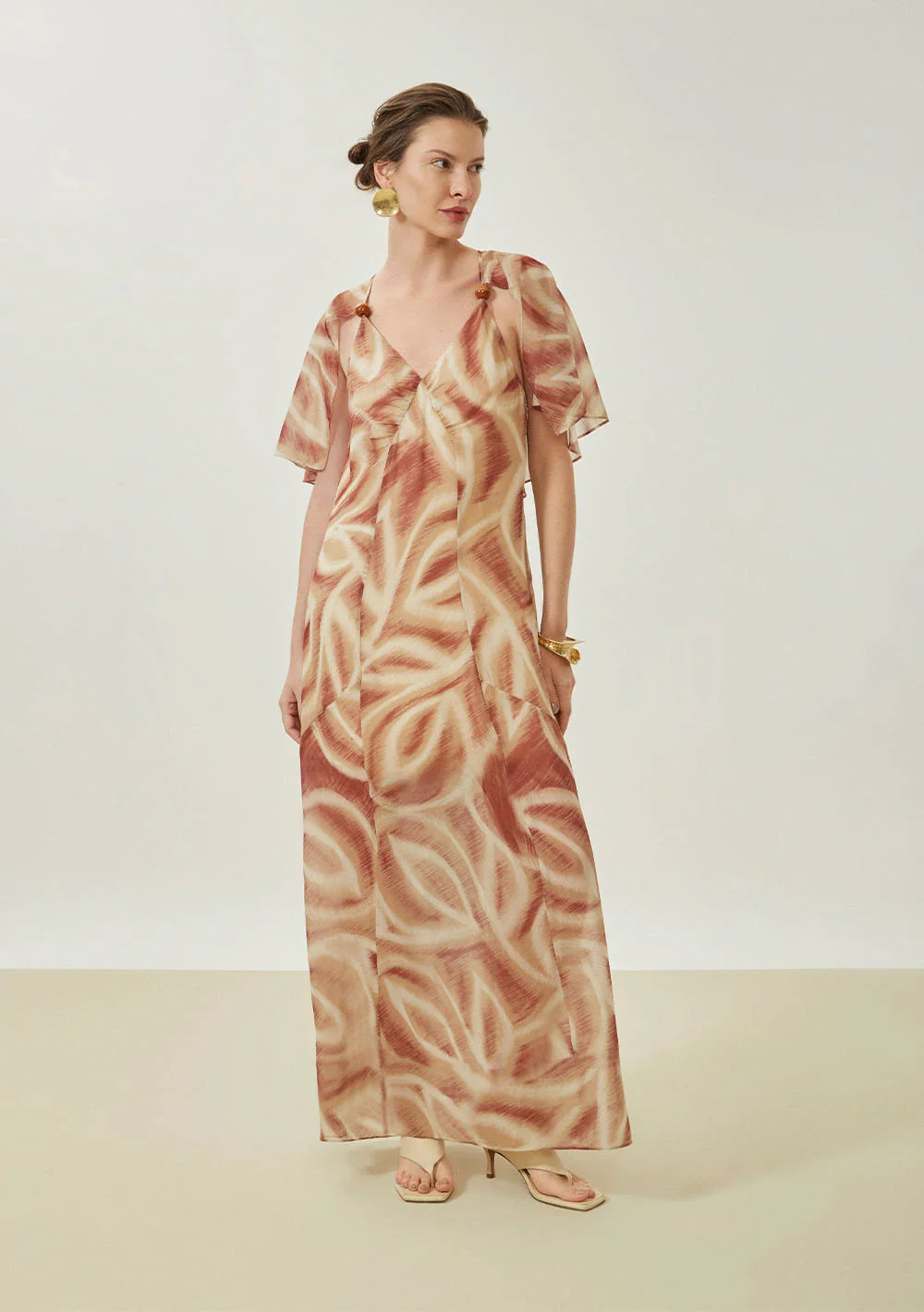 Vestido Maria.Valentina Ajustado Decote V Sem Manga Midi Marrom