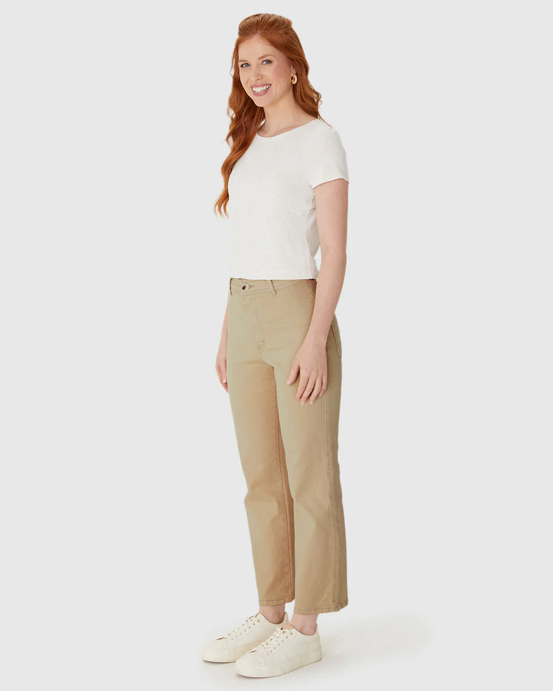 Calça Straight Cropped Feminina Bolso Funcional Em Sarja Com Elastano