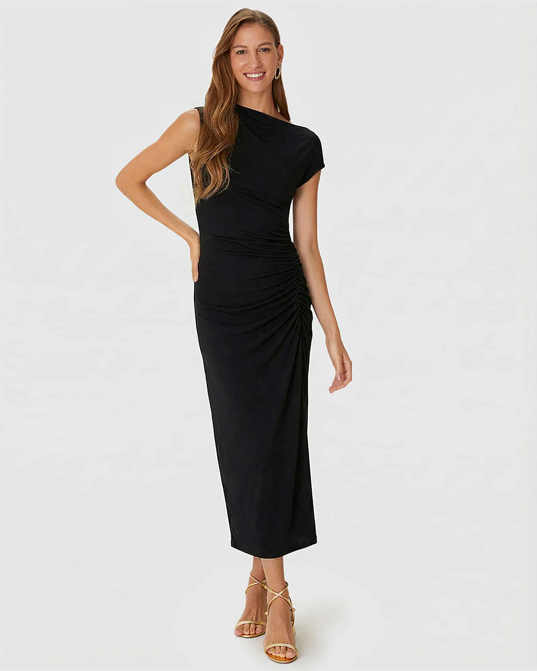 Vestido Midi Feminino Assimétrico Em Malha Viscose Stretch