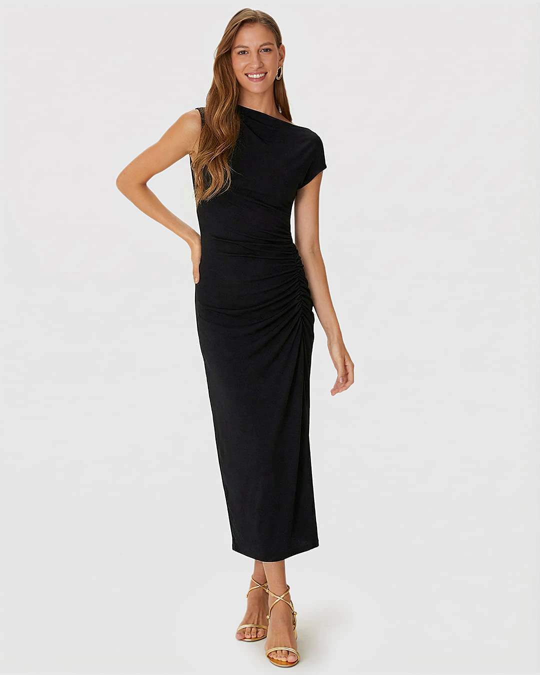 Vestido Midi Feminino Assimétrico Em Malha Viscose Stretch