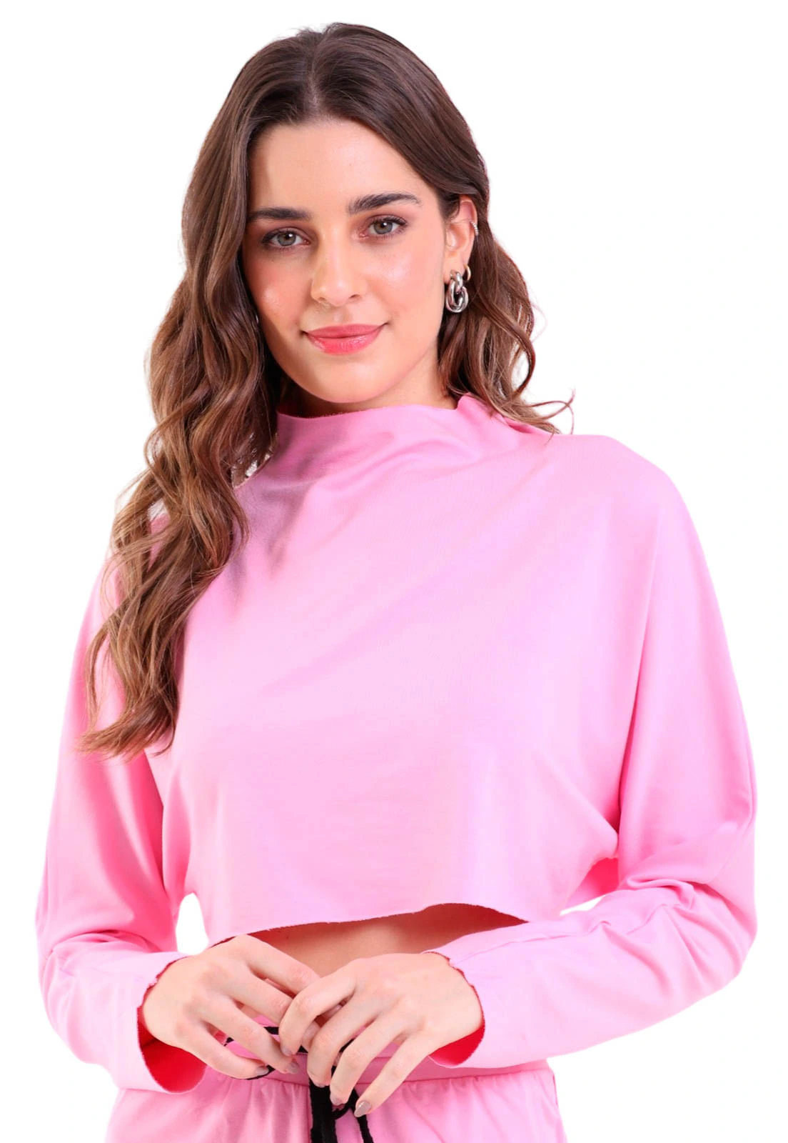 Cropped Manga Longa Gola Alta Moletinho Rosa