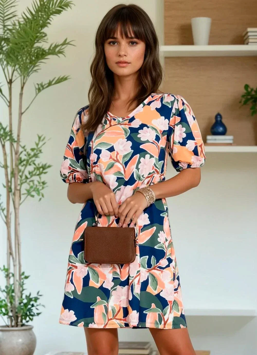 Quintess - Vestido Curto Floral em Malha Fria com Mangas Bufantes