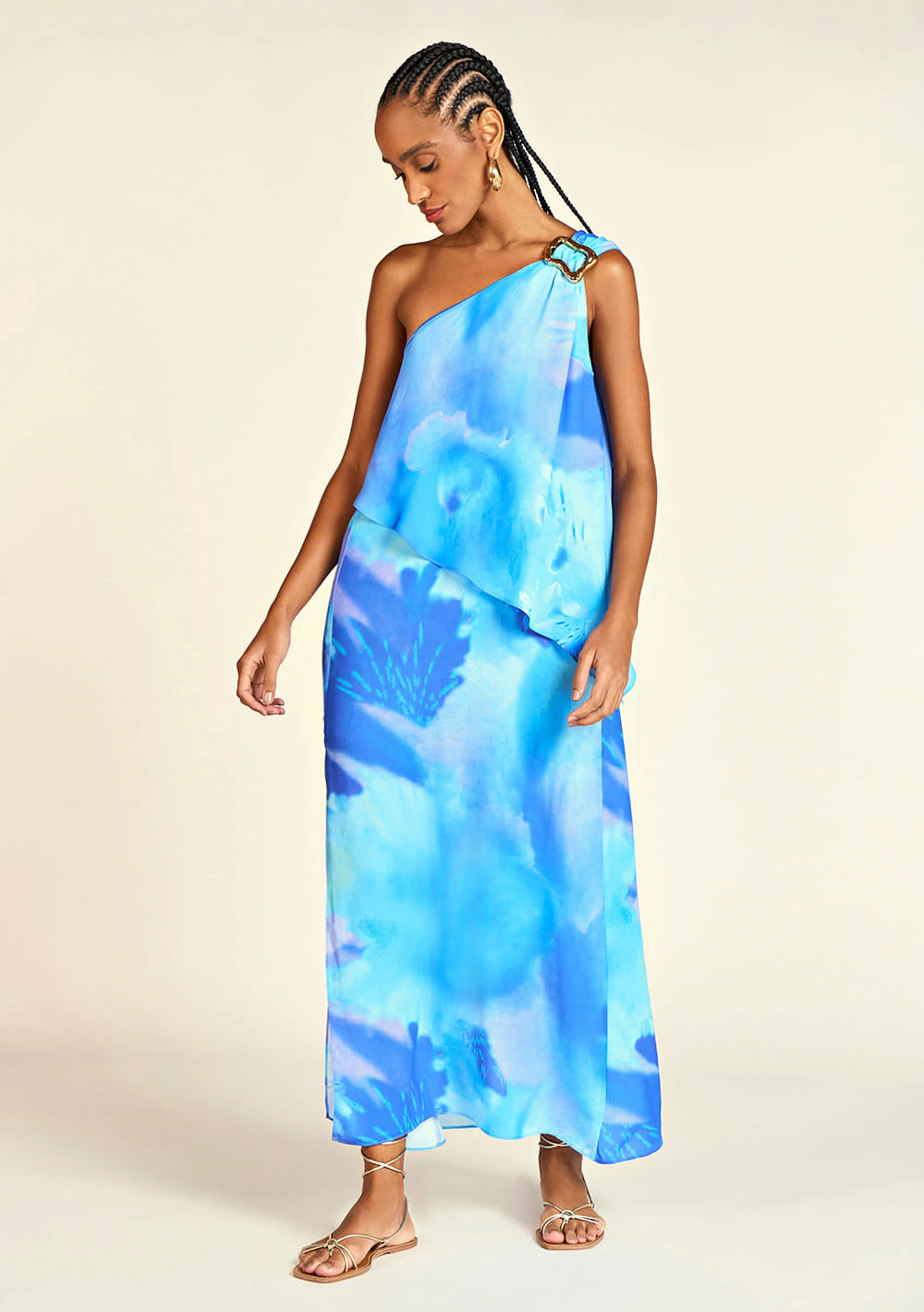 Vestido Zinco Longo Decote Assimétrico Com Argola Azul