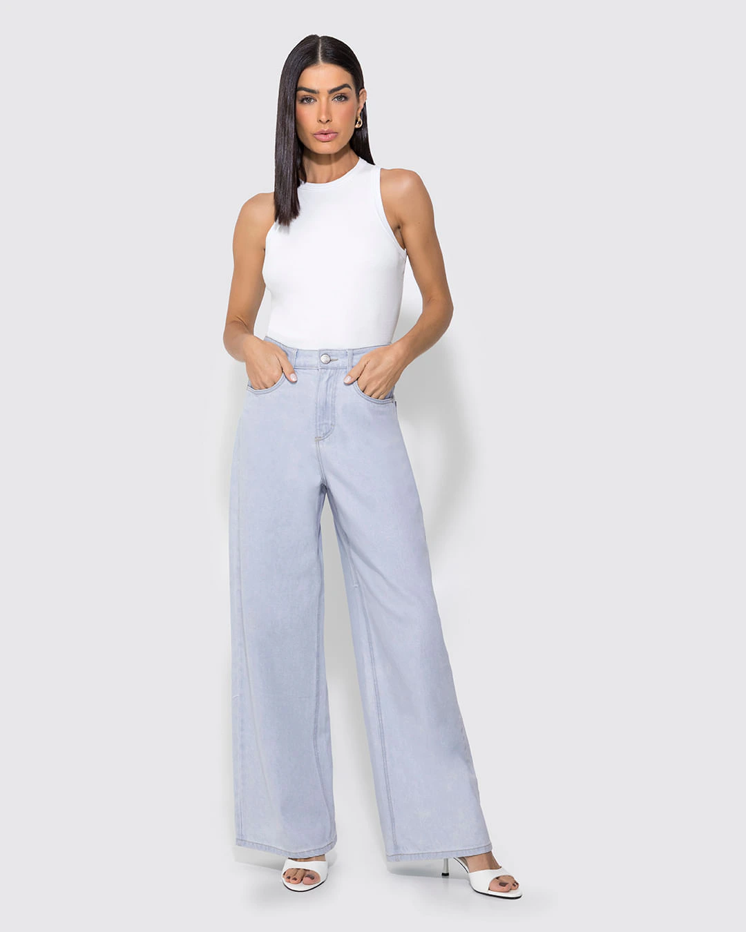 Calça Wide Leg Feminina Bolsos Funcionais Em Jeans 100% Algodão - ENFIM