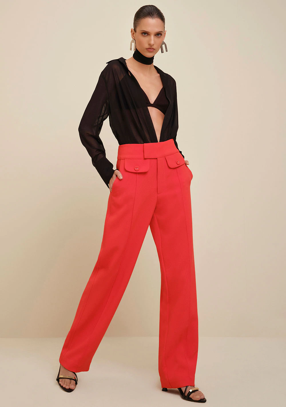 Calça Morena Rosa Alfaiataria Cós Alto Detalhe Lapela Laranja