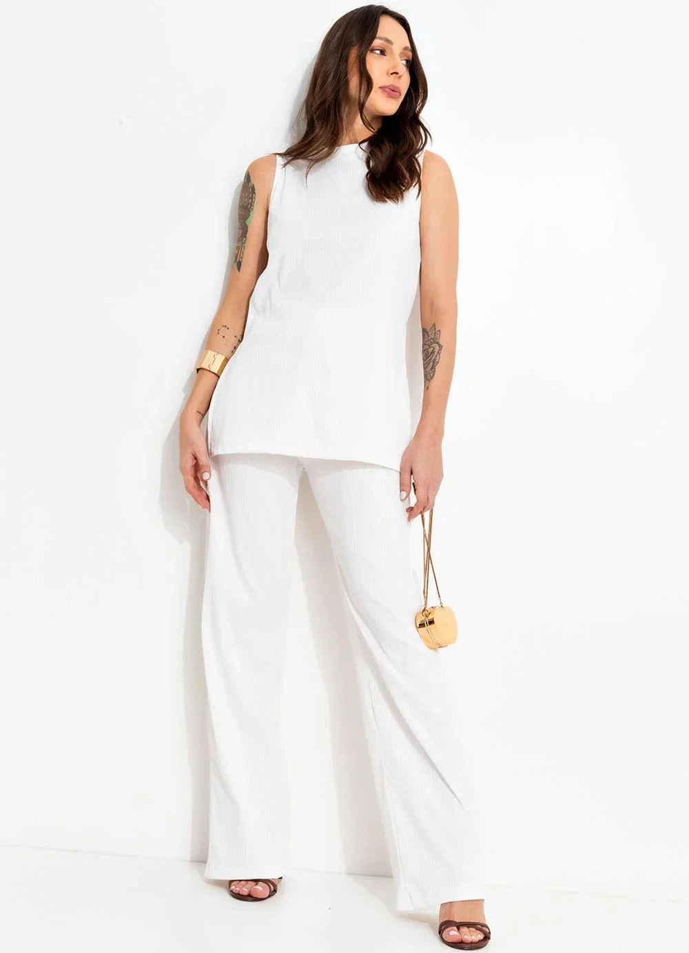 Bimini - Conjunto Off White em Malha Canelada Texturizada