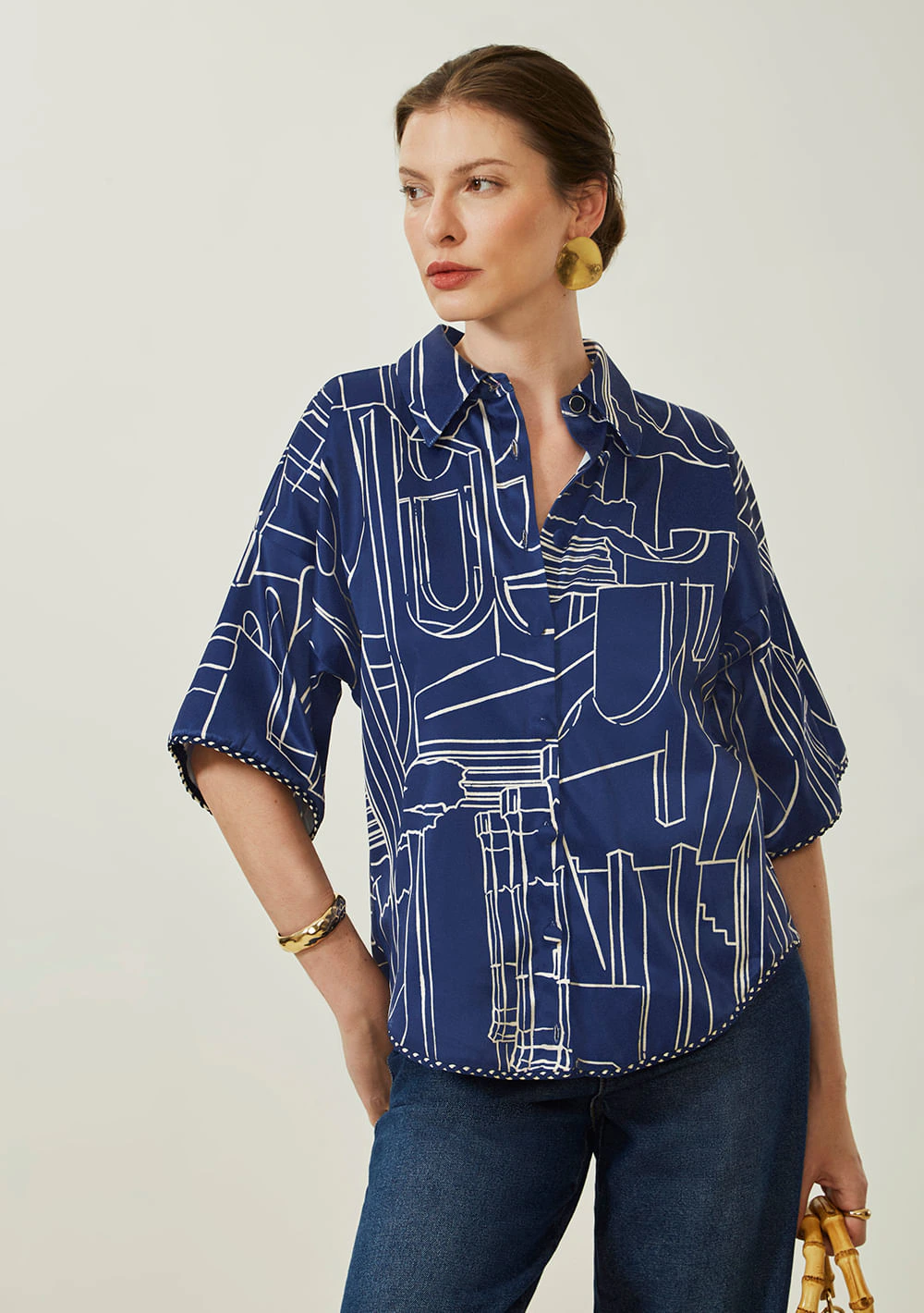 Camisa Maria.Valentina Solta Gola Clássica Manga Curta Padrão Azul