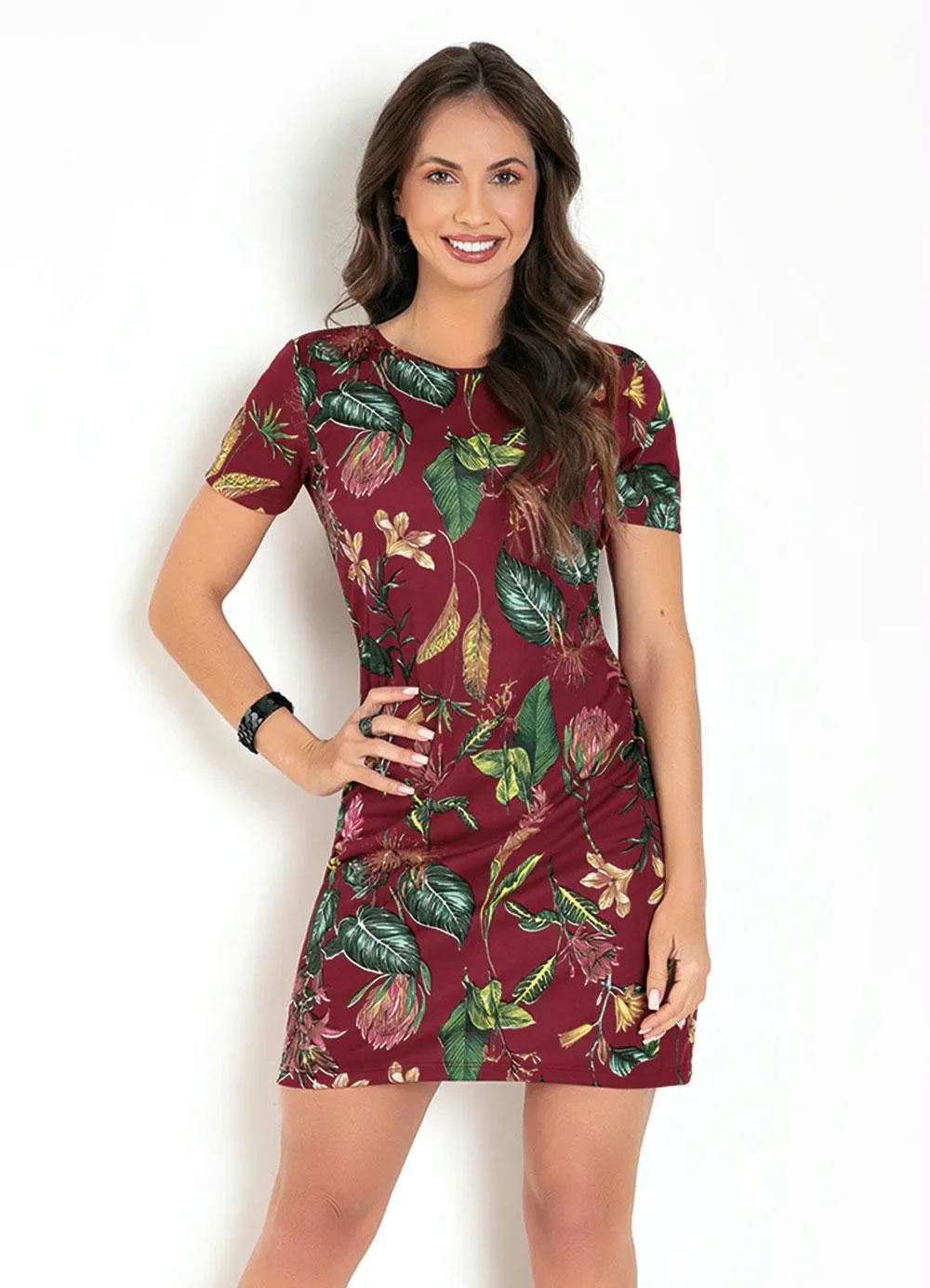 Moda Pop - Vestido Soltinho Floral Bordô