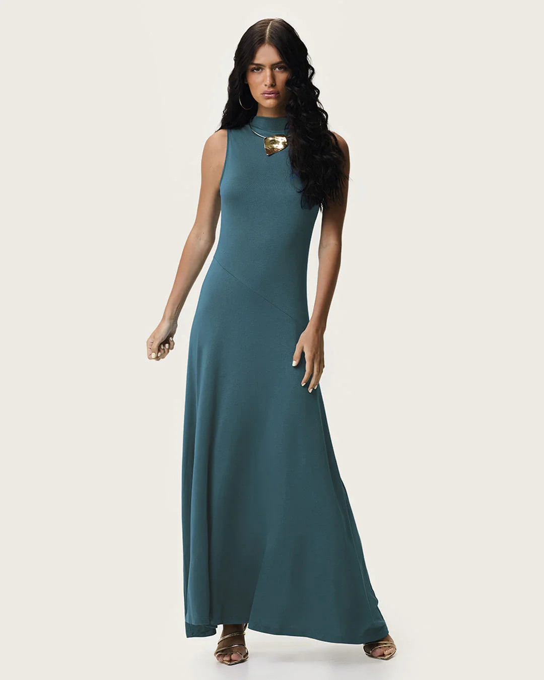 Vestido Midi Feminino Gola Alta Recorte Frontal Malha Viscose Stretch - ENFIM