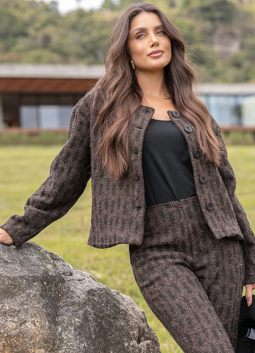 Quintess - Casaco Xadrez Marrom em Tweed Encorpado