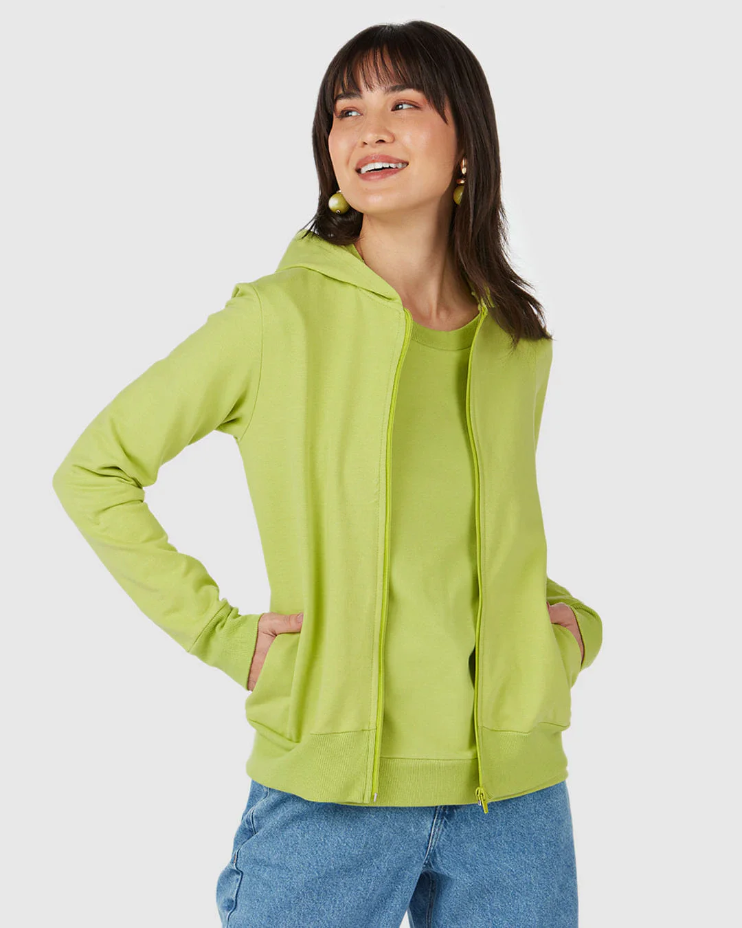 Jaqueta Básica Feminina Com Capuz Moletom Stretch Flanelado