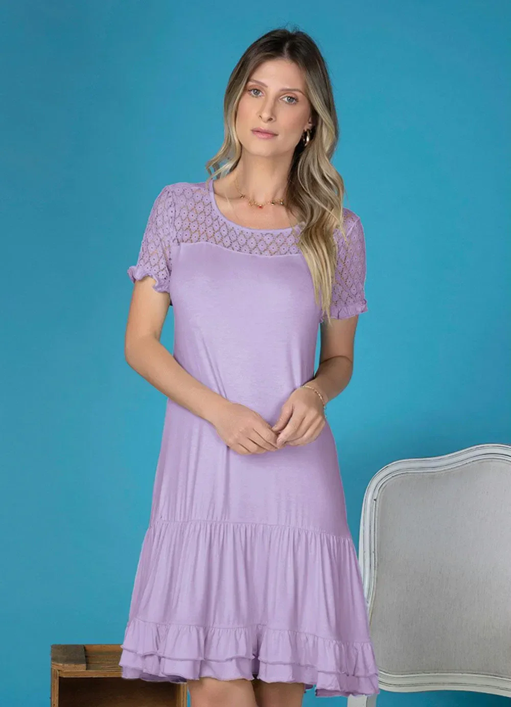 bonprix - Vestido com Babadinhos e Renda Lilás