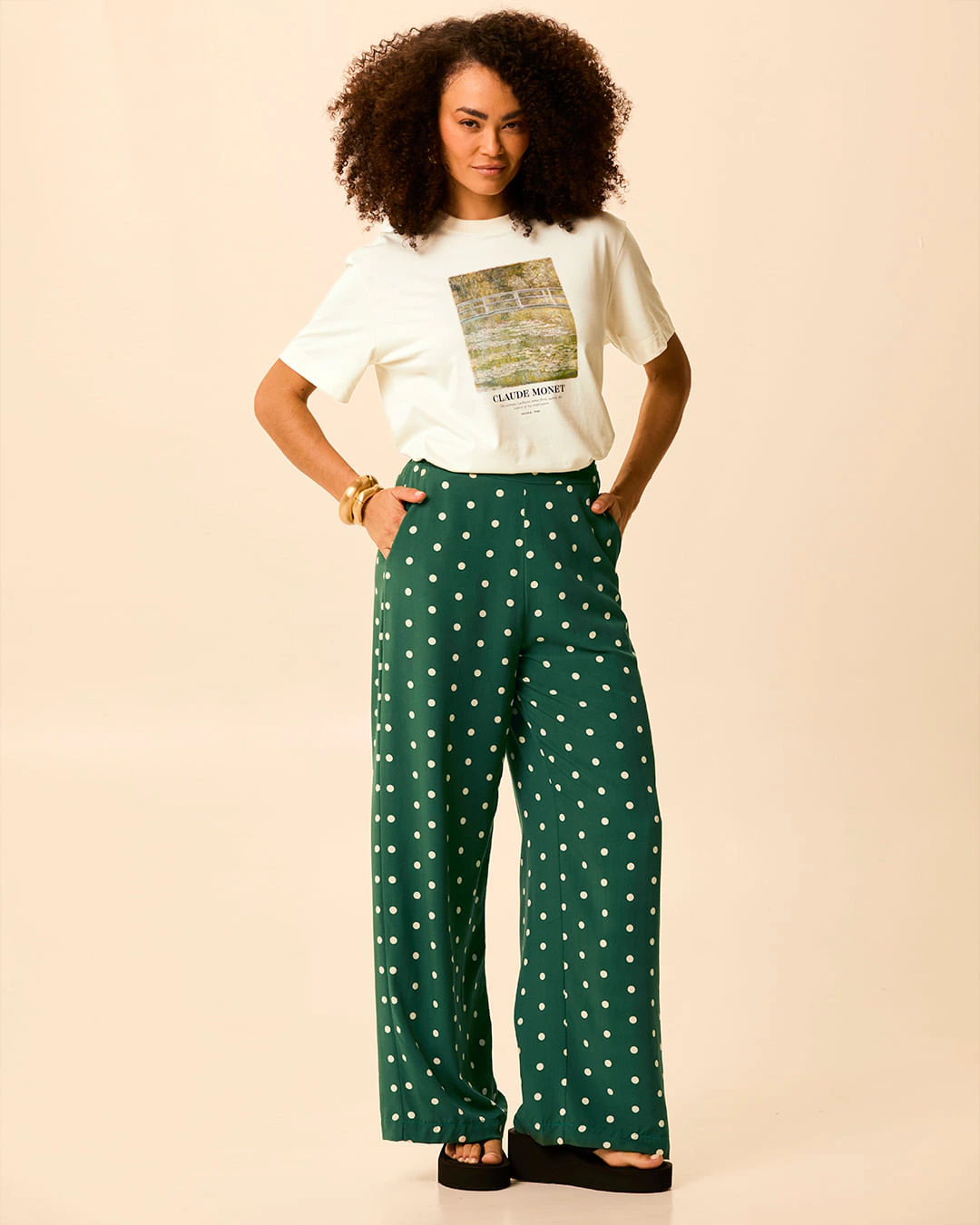 Calça Wide Leg Feminina Estampa Poá Bolso Faca Em Viscose