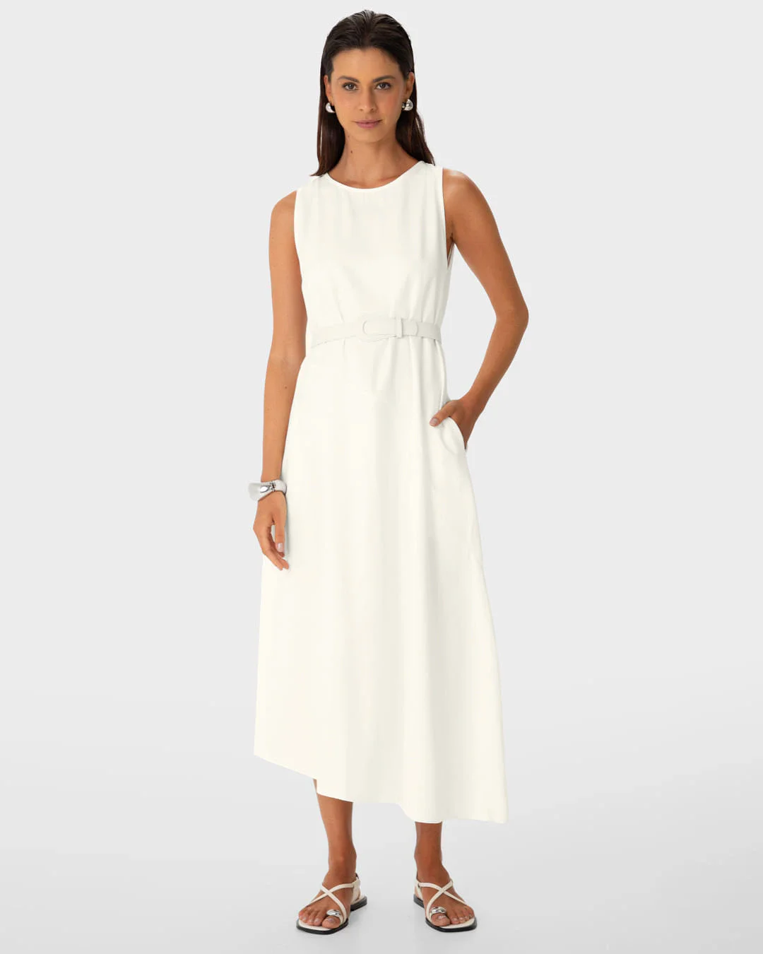 Vestido Midi Feminino Com Cinto E Barra Assimétrica Em Crepe De Viscose - ENFIM