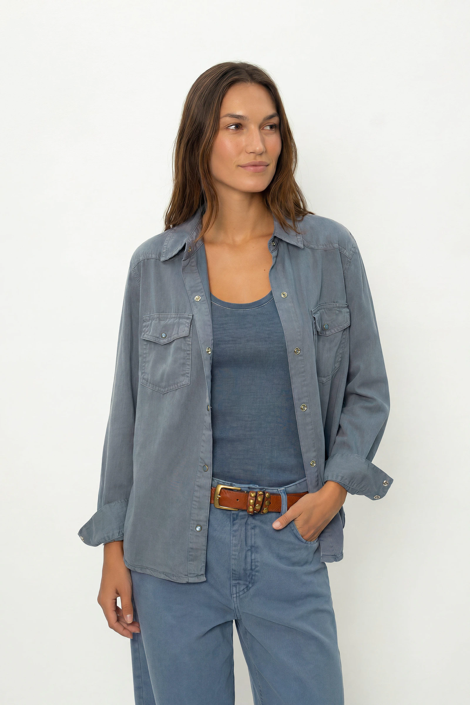 Camisa Sarja Stone Com Pala e Bolsos
