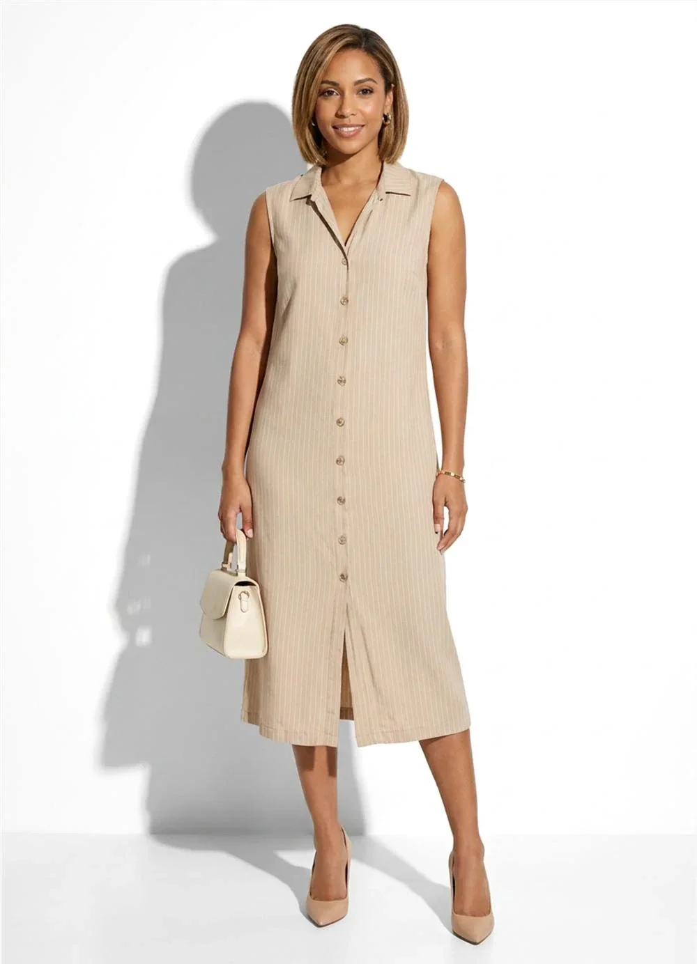 Marialícia - Vestido Midi Chemise Feminino Listrado Bege