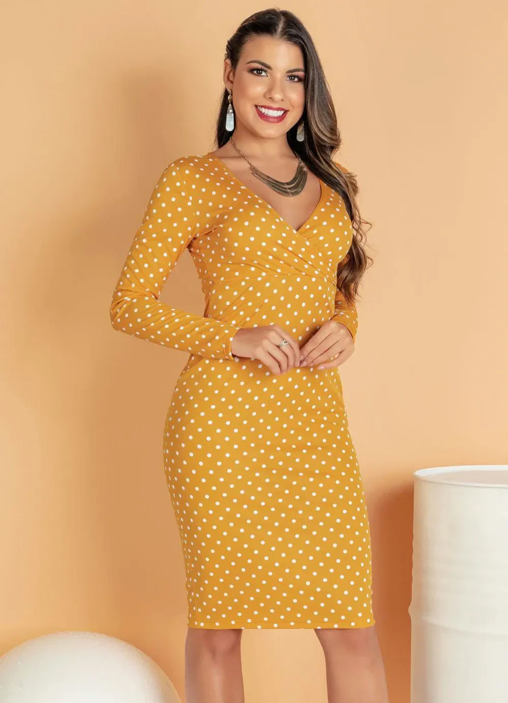Moda Pop - Vestido Midi com Decote Transpassado Caramelo